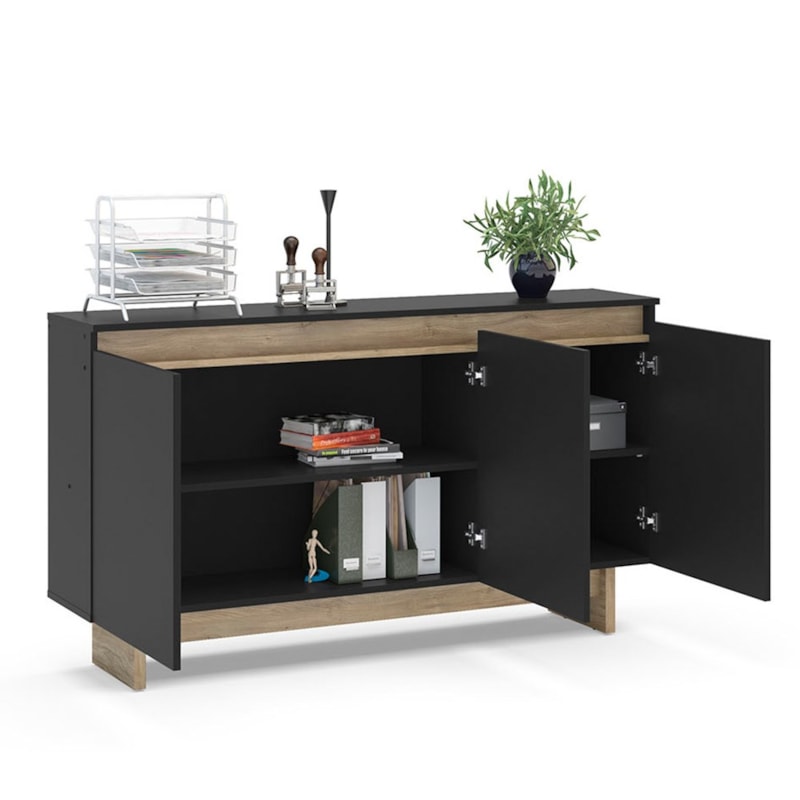 Armário de Escritório Los Angeles 3 PT Preto e Carvalho Claro Politorno