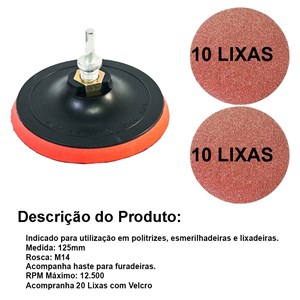 Disco De Borracha C/velc. 125mm Com 20 Lixas 100/120 E Haste Adaptada - MTX