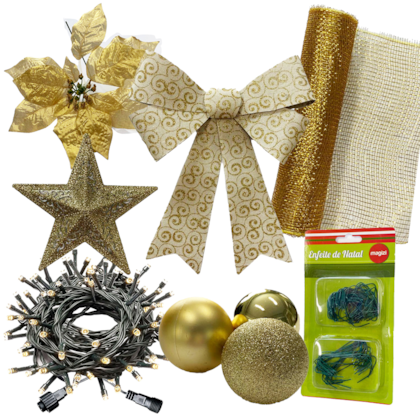 Kit 37 Peças Enfeites de Natal Dourados Pisca-pisca 110v para Árvore Grande - Lojas Maxi Kit 37 Peças Enfeites de Natal Dourados Pisca-pisca 110v para Árvore Grande - Lojas Maxi