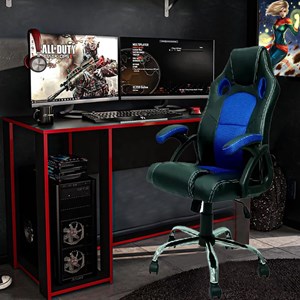 Kit Mesa Gamer Singapura Preto/Vermelho e Cadeira Gamer Base Cromada Giratória Politorno
